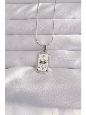 Mrt Teknik 316L Çelik Gümüş Renk Beyaz Mineli Göz Figür Tarot Kolye