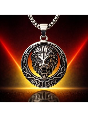 Voyage Accessory Paslanmaz Çelik Viking Kelt Desenli Yuvarlak Tasarım Kral Aslan Kolye
