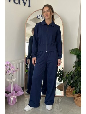 Evavi Kadın Lacivert Fermuarlı Sweatshirt Ceket ve Eşofman Altı Takımı