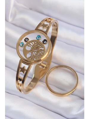 Mrt Teknik 316L Çelik Altın Renk Içi Yaşam Ağacı ve Nazar Boncuk Figürlü Açılabilir Fanus Kelepçe