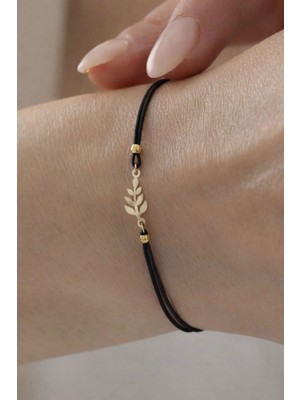 Bayar Gold 14 Ayar Altın Buğday Başağı Siyah Ipli Bileklik