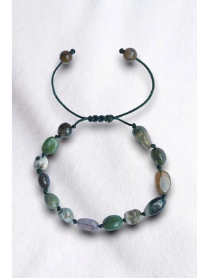 Pozitif Doğal Taş Yosunlu Akik Bileklik Makrome Ayarlı 322-Y