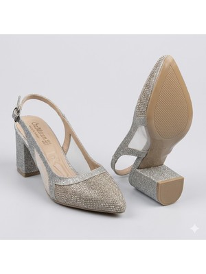 Kindep (Özmaçan) Damla Taş Detaylı Burnu Kapalı Kalın Topuklu Kadın Abiye Ayakkabı Gumüş