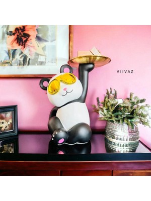 Elifeshop Lüks Gözlüklü Panda Anahtar Tepsisi Biblo Çok Amaçlı Sehpa Dekoru Takı Telefon Organizeri 27 cm