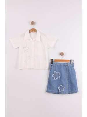 Joy Kids Kız Çocuk %100 Pamuk Taş Baskılı Şort Etek Takım (8-12YAŞ) (Beyaz-Kot)