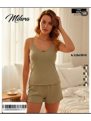 Gamzeli Renklerim Mihra Kaşkorse Ip Askılı Şortlu Pijama Takımı Gecelik Haki Slim Fit