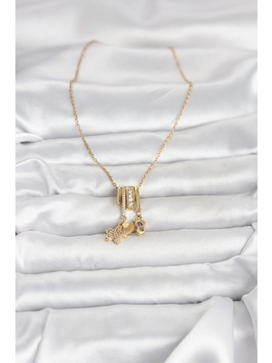 Moresun Buğz 316L Çelik Gold Zirkon Taşlı Deniz Tema Charmlı Kadın Kolye - Buğz