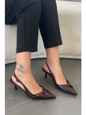 Büşracan Evelyn Arkası Açık Tokalı Deri Stiletto Kahverengi
