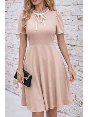 Flamex Kadın Kısa Kollu Yakadan Bağcıklı ve Fırfırlı Midi Janjan Krep Elbise