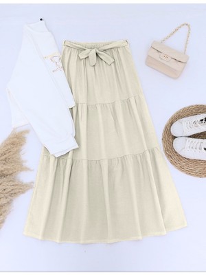 Moda Morfo Baskılı Eteği Parçalı Kuşaklı Takım  -Bej