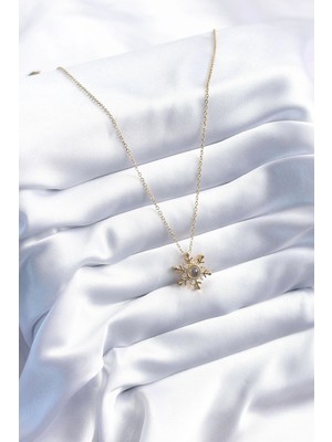 Moresun Buğz 316L Çelik Gold Renk Zirkon Taşlı Kar Tanesi Projeksiyon Model Kadın Kolye - Buğz