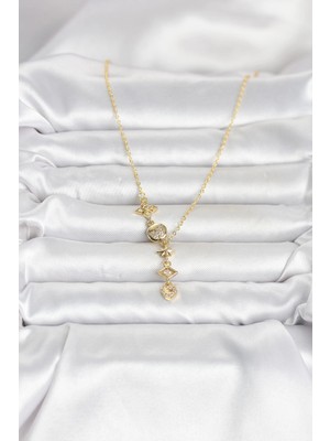 Moresun Buğz 316L Çelik Gold Renk Zirkon Taşlı Y Kadın Kolye - Buğz