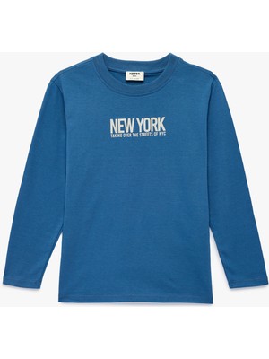 Koton Pamuklu Uzun Kollu Bisiklet Yaka Baskılı Tişört