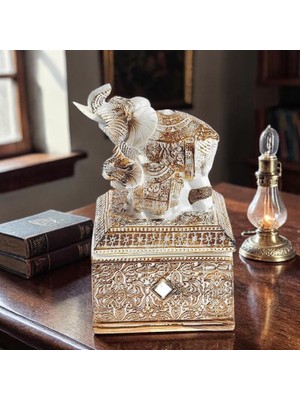 Elifeshop Feng Shui Şans Getiren Fil Biblo Mücevher Kutusu 14 cm Dekoratif Ev Hediyesi Lüks Tasarım
