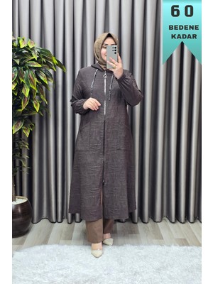 Elmas Tesettür Kadın Giyim Büyük Beden Kabartma Baskılı Kapşonlu Torba Cepli Kap