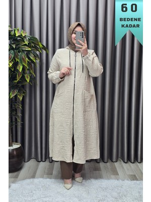 Elmas Tesettür Kadın Giyim Büyük Beden Kabartma Baskılı Kapşonlu Torba Cepli Kap