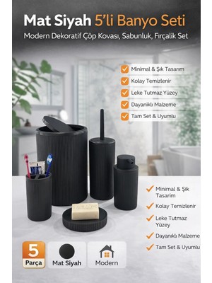 Ronanna 5li Siyah Çizgili 5 Parça Banyo Seti Yuvarlak Çöp Kovası Tuvalet Fırçası Sabunluk Diş Fırçalık