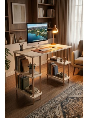 Tridihome Traverten Doğal Taş Rengi Çalışma Masası Raflı Modern Tasarım Kolay Kurulum Dayanıklı Kullanışlı