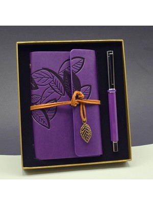 Ronanna Yaprak Desenli Mor Deri Defter ve Metal Roller Kalem Seti