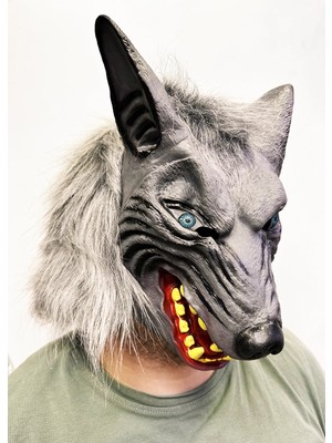 Ronanna Kafaya Tam Geçmeli Lateks Mavi Gözlü Dişli Ağzı Açık Kurt Maskesi