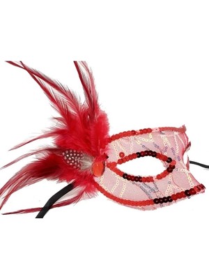 Ronanna Kırmızı Yandan Tüylü Payetli Parti Maskesi