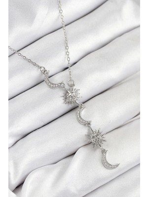 Ronanna 316L Çelik Zirkon Taşlı Güneş ve Ay Model Gümüş Renk Kadın Kolye