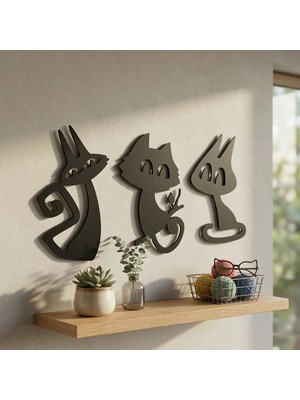 İsmiyle Al 3’lü Dekoratif Kedi Duvar Tablosu Mdf Lazer Kesim Modern Duvar Süsü Minimal Kedi Figürlü Deko
