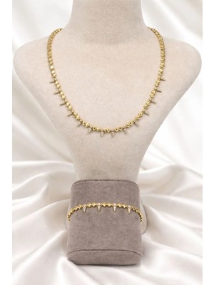 Xuping Jewelry Zirkon Taşlı Üçgen Model Xupıng Çelik Kolye Bileklik Takı Seti