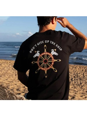 Punix Punıx Büyük Beden Özel Tasarım Don't Gıve Up The Shıp Sırt Baskılı Yazlık Erkek  Battal  T-Shırt