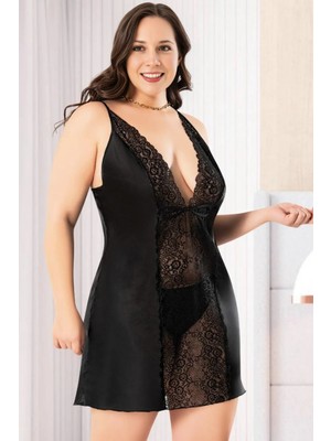 Homay Büyük Beden Önü Dantel Işlemeli Derin Dekolteli Saten Gecelik