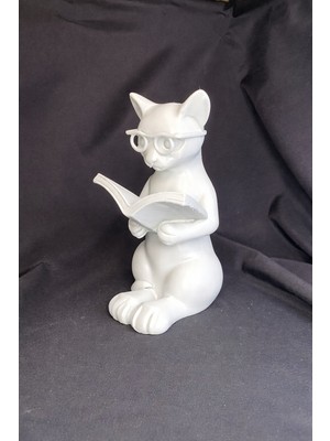 Paiplay Kitap Okuyan Kedi - Dekoratif Kitap Okuyan Kedi Modeli - Beyaz