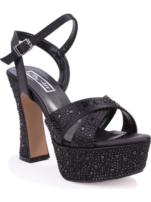 Dagoster DZA07-771900 Siyah Saten Çapraz Bant 12 cm Kalın Topuklu Platform Kadın Ayakkabı