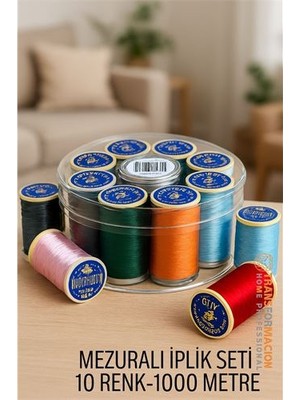 Ronanna Hsnet Dikiş Ipliği Seti - 10 Renk 1000 mt Kutulu Mezuralı Dikiş Seti