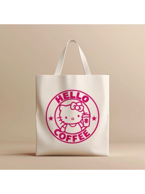 Hobi Hediye Hello Coffee Karakter Tasarımlı Pembe Baskılı %100 Pamuklu Ham Bez Çanta
