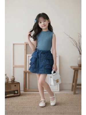 Eylo Bebe Kot Şort Etekli Kız Kombin