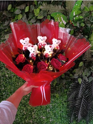 Black Rose Işıklı Peluş Ayıcık ve Kırmızı Gül Buketi - Sevgiliye Özel Hediye