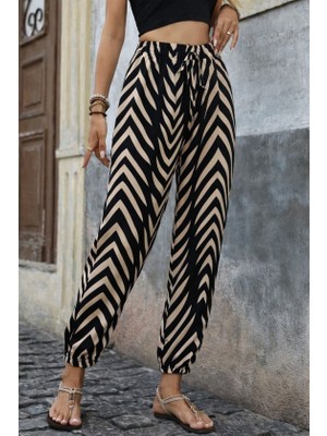 Deridün Yıldız Shoes Kadın Yüksel Bel Belı Lastikli Belden Bagcıklı Desenli Süprem Pantolon