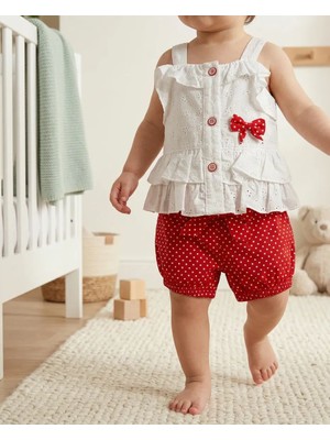 Mutlu Bebe Bulvar Kız Bebek %100 Pamuklu Kırmızı Puantiyeli Fisto Nakışlı Şortlu Takım - 3'lü Set (Bandana Hediyeli)