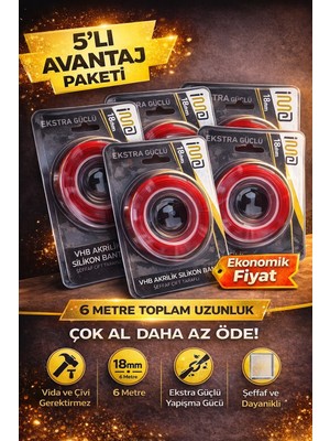 Popüler Sepet Vhb Akrilik Silikon Bant 18MM x 2 Metre Şeffaf Çift Taraflı Güçlü Yapıştırıcı Bant 5 Adet