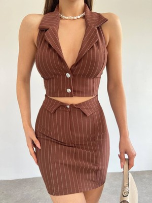 Moda Morfo Üstü Yelek Çizgili Etekli Ikili Takım -Kahve