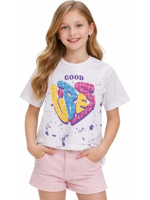 İrem Çocuk Giyim Kız Çocuk Good Vibes Yazı Desenli Ekru Renk Kısa Kol Tişört