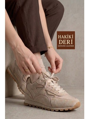 Modabuymus Bej Hakiki Süet Deri Sneaker Casual Kadın Spor Ayakkabı Tukatela