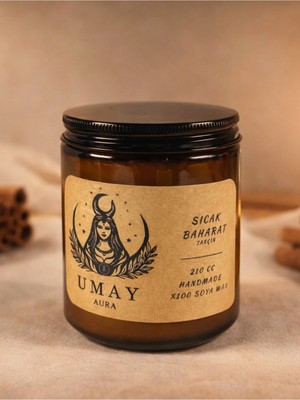 Umay Aura Tarçın Kokulu Aromaterapi El Yapımı Mum %100 Soya Wax Amber Cam Kavanoz 210 cc