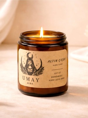 Umay Aura Ylang Ylang Kokulu Aromaterapi El Yapımı Mum %100 Soya Wax Amber Cam Kavanoz 100 cc