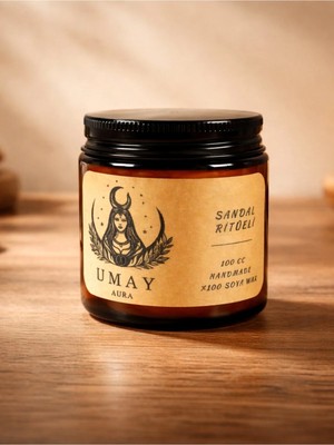 Umay Aura Sandal Ağacı Kokulu Aromaterapi El Yapımı Mum %100 Soya Wax Amber Cam Kavanoz 100 cc