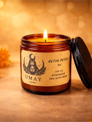 Umay Aura Bal Kokulu Aromaterapi El Yapımı Mum %100 Soya Wax Amber Cam Kavanoz 100 cc