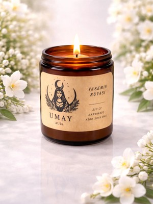 Umay Aura  Yasemin Kokulu Aromaterapi El Yapımı Mum %100 Soya Wax Amber Cam Kavanoz 210 cc