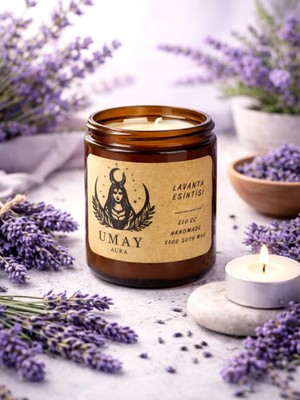 Umay Aura Lavanta Kokulu Aromaterapi El Yapımı  Mum %100 Soya Wax Amber Cam Kavanoz  210 cc