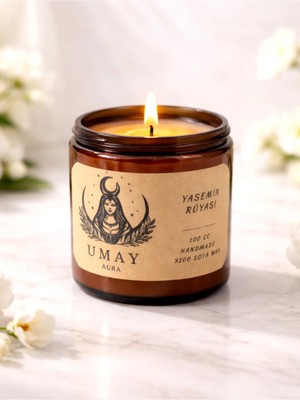Umay Aura  Yasemin Kokulu Aromaterapi El Yapımı Mum %100 Soya Wax Amber Cam Kavanoz 100 cc