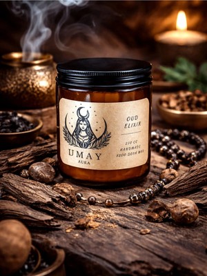 Umay Aura Oud Kokulu Aromaterapi El Yapımı Mum %100 Soya Wax Amber Cam Kavanoz 210 cc